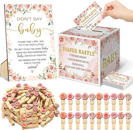 102 Pcs Floral Baby Shower Game Supplies Diaper Raffle Tickets with Diaper Raffle Card Box Don't Say Baby Sign Mini Floral Clothespin Game Decor for Gender Reveal Favor