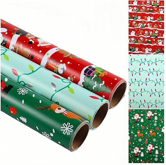 Miss DuiDui Green Red Christmas Wrapping Paper, 3 Rolls, 17 inch x 9.8 ft, Holiday Santa and Reindeer Design for Girls Kids Boys, Christmas, Party, Holiday