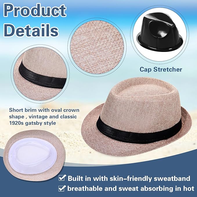 Suhine 36 Pcs Halloween Men Fedora Style Hat Bulk 20s Straw Short Brim Panama Women Party Costume, Circumference 60 cm