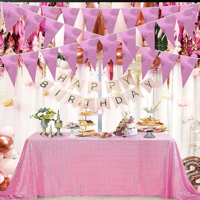 20M/65FT Pink Triangle Pennant Banner Flag Metallic Fabric Bunting Garland for Christmas Graduation Wedding Engagement Anniversary Bachelorette Birthday Bridal Shower Valentines Hen Party Supplies
