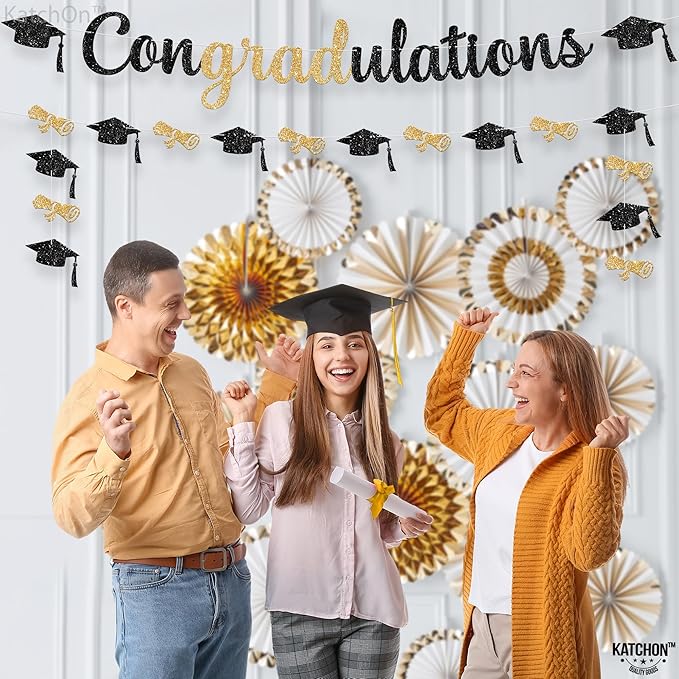 Katchon Congratulations Banner - 10ft | Pre-strung Black And Gold Graduation Banner 2025 | Graduation Decorations 2025 For Party | Congrats Grad banner, Grad Sign, graduation Garland Class Of 2025