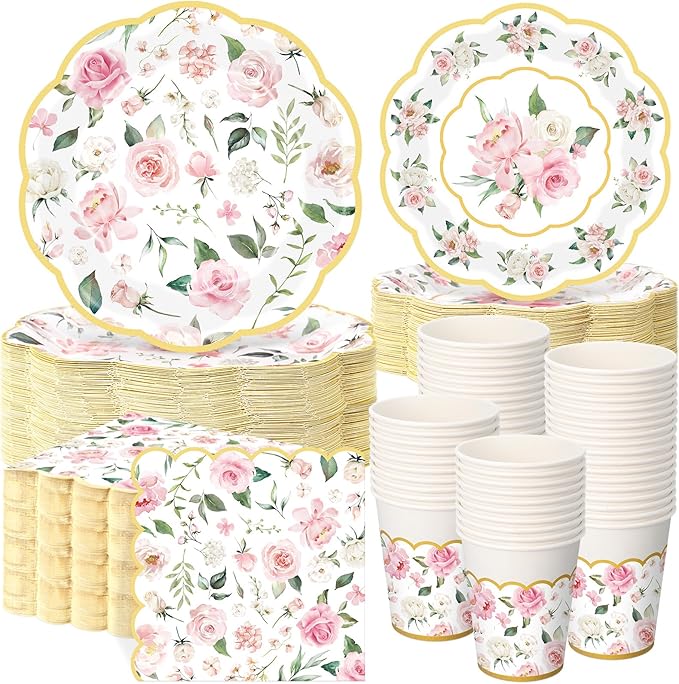 250 Pcs Floral Party Decorations Flower Paper Plates Napkins and Cups Pink and Gold Floral Disposable Tableware Set for Bridal Shower Baby Shower Wedding Spring Tea Party Supplies, Serves 50