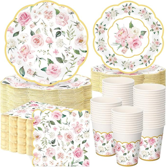 250 Pcs Floral Party Decorations Flower Paper Plates Napkins and Cups Pink and Gold Floral Disposable Tableware Set for Bridal Shower Baby Shower Wedding Spring Tea Party Supplies, Serves 50
