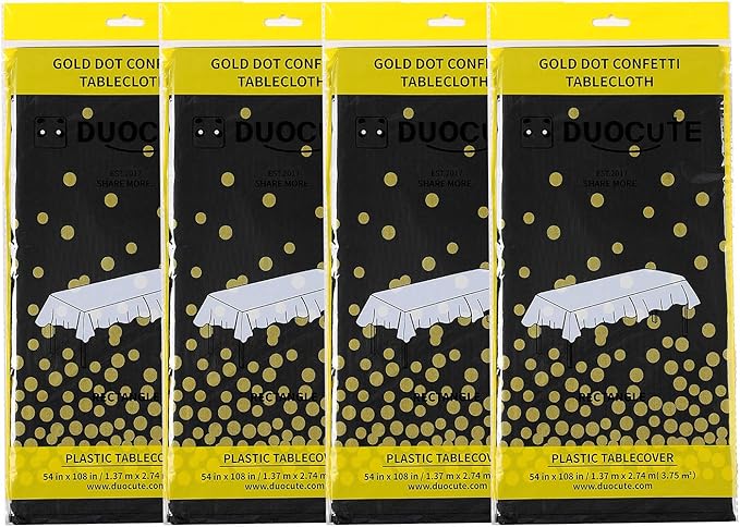 108"x54" 4 Packs Black and Gold Disposable Party Tablecloth for Rectangle Table, Gold Stamping Dot Confetti Rectangular Plastic Table Cover, for Graduation, Birthday, New Year Eve 2025
