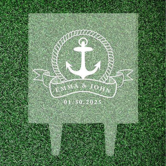 Andaz Press Nautical Rope Wreath Beach Custom Wedding Cake Topper, Acrylic Square Personalized Couple Cake Topper