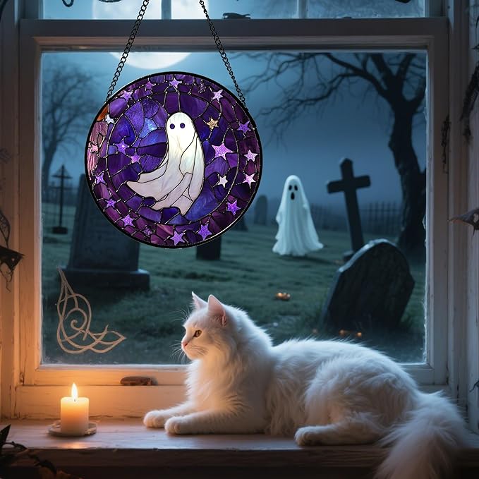 Stained Glass Window Hanging - Halloween Decoration Purple Star White Ghost Suncatcher for Doors Garden Indoor Spooky Sun Catchers Gothic Decor Horror Gifts for Women Men Friend 11.8 in