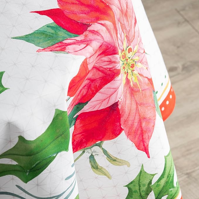 Maison d' Hermine Table Cloth Round Table 100% Cotton 63 Inches Fall Tablecloth Reusable Everyday Use for Thanksgiving Christmas Decorations Dining Farmhouse Party (Poinsettia Christmas)