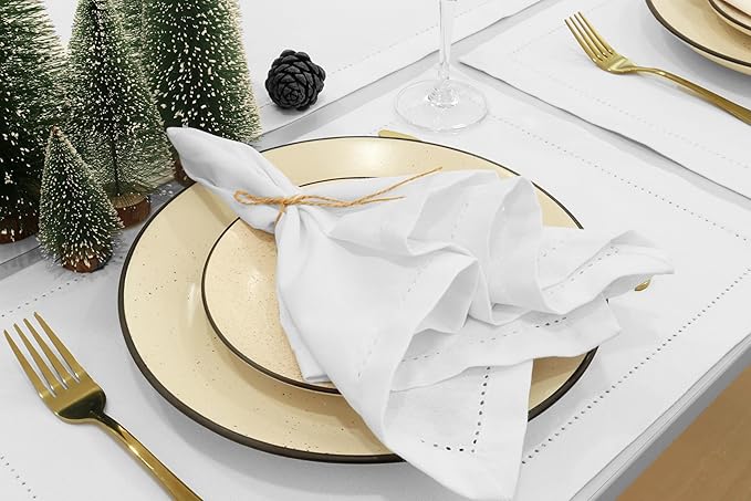 PurpleEssences Set of 12 Hemstitch Cloth Dinner Napkins 100% Cotton - Soft Durable Washable - Ideal for Wedding Fall Thanksgiving - Perfect Everyday Use Table Linen 18x18 - White