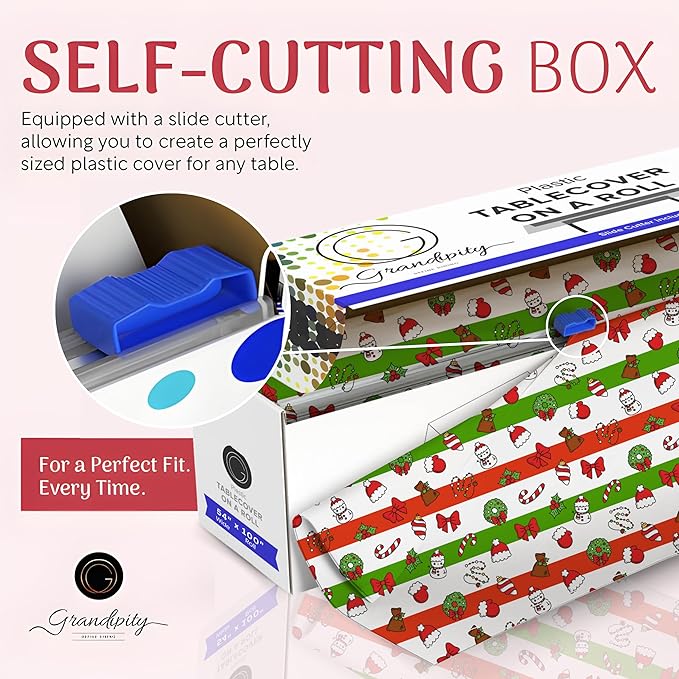 Grandipity Plastic Tablecloth Roll - 54in x 100 Ft. Christmas Plastic Table Cloths for Parties Disposable with Cutter Box - Cut to Size Disposable Tablecloth Table Cover for Rectangle & Round
