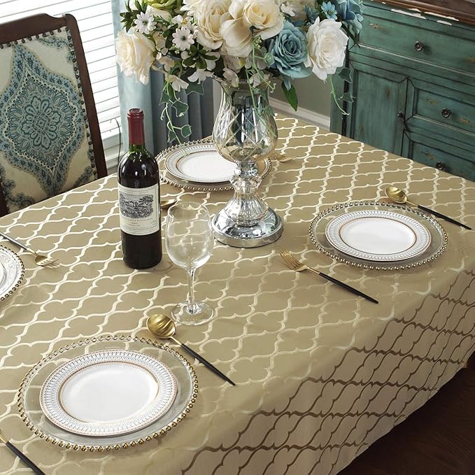 SASTYBALE Jacquard Tablecloth Flower Pattern Polyester Table Cloth Spill Proof Dust-Proof Wrinkle Resistant Table Cover for Kitchen Dining Tabletop Decoration (Square, 52" x 52"(2-4 Seats),Gold)