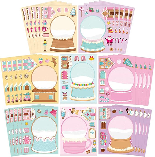 CY2SIDE Christmas Snow Globe House Stickers - 40PCS Pink Gingerbread House Make a Face Sticker Sheets for Kids School Reward, DIY Crystal Ball Sticker Game Xmas Winter Party Favor for Home Fun Project