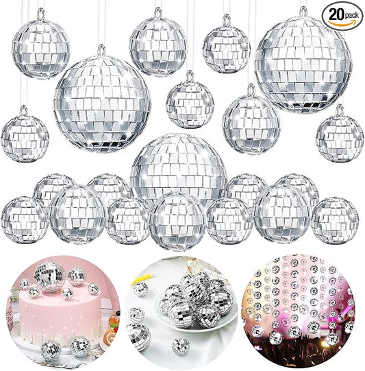 MTLEE 20 Pcs Disco Balls Decoration Mirror Disco Ball Assorted Silver Hanging Mini Glass Different Sizes Reflective with Rope for 70s Wedding Dance Music Prom Props(3.9 Inch, 3.15 Inch, 2 Inch)