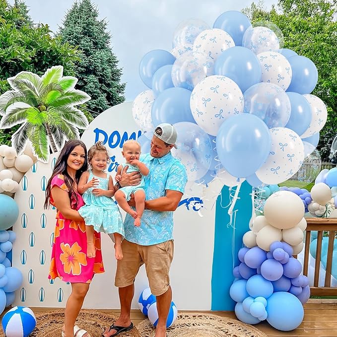 Blue Bow Balloons, 12 Inch Pastel Light Blue Transparent White Bow Print Coquette Balloon for Girls Birthday Bachelorette Party Bridal Baby Shower Wedding Anniversary Decorations Supplies