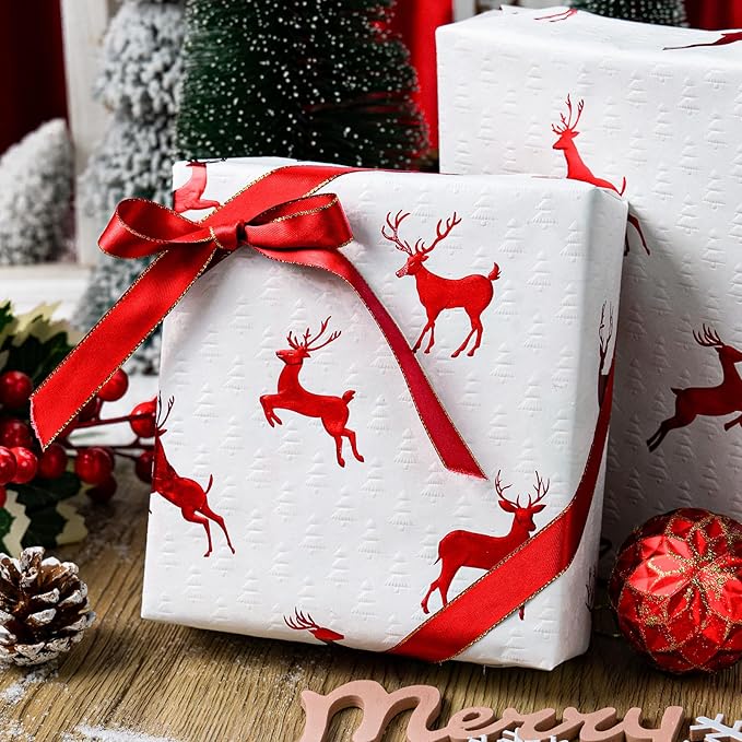 Garbendy Christmas Wrapping Paper Roll- 17 Inch X 32.8 Feet - Embossing 3D Trees Printed in White with Red Foil Reindeer Design for Christmas, Birthday, Baby Shower, Bridal Shower, Party