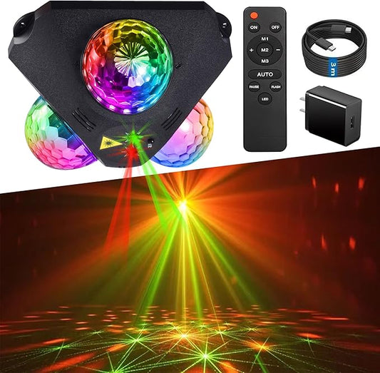 4 in 1 Disco Ball DJ Party Lights, 3 RGB Disco Lights+Red and Green Pattern Lamp Strobe Lighting for Home Room Dance Parties Birthday Karaoke Halloween Christmas Wedding Show Club Decorations