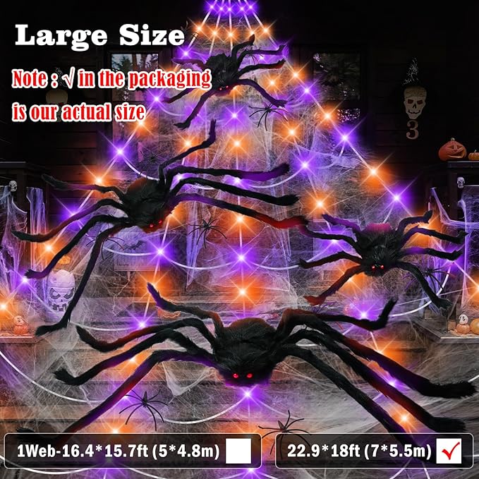 23Ft Light Up Spider Web Halloween Decorations Outdoor, 180 Orange and Purple LED Giant Web, 24 Spiders & 60g Stretch Cobweb Decor, 8 Modes Scary Lights for Outdoor Yard