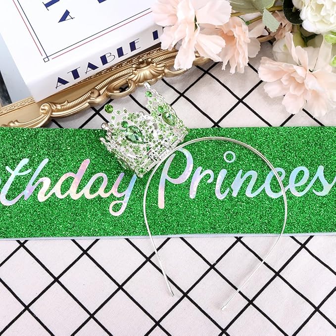 AOPRIE Birthday Princess Sash for Women Tiara & Crowns Headbands for Girls Happy Birthday Party Accessories Favor Supllies Leona Silver Pink Green, 2 Pack