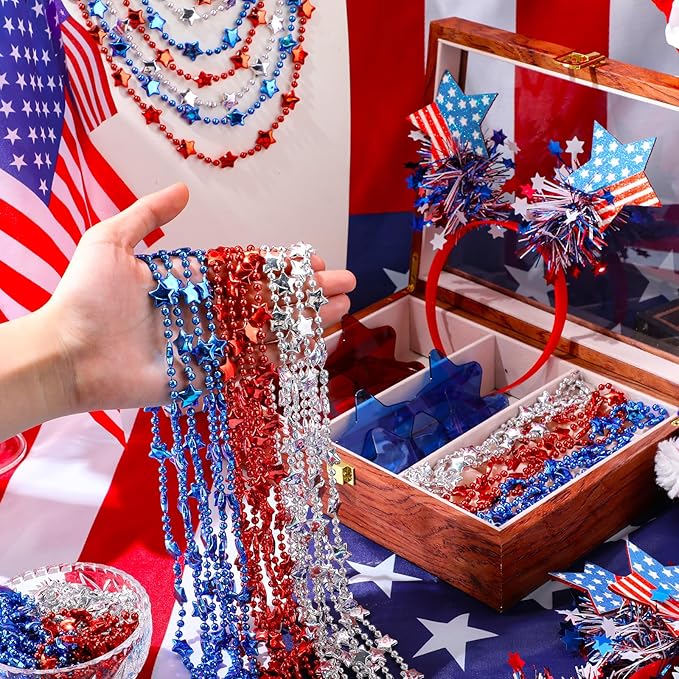 50 Pcs Red and White Holiday Team Spirit Party Accessories Pom Pom Party Headbands Star Shape Sunglasses Bead Necklaces Stuff Favors for Birthday Wedding Supplies( Independence Day)