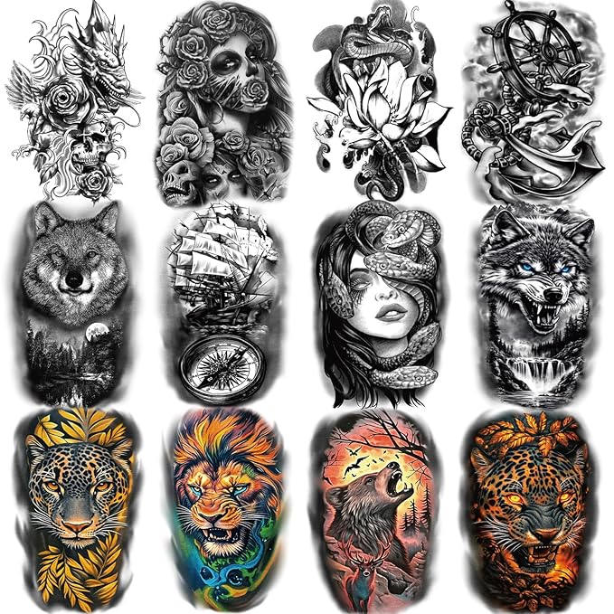 36 Sheets Temporary Tattoo for Men Women Adults, 12 Sheets Large Size Black 3D Half Sleeve Fake Tattoos, Halloween Tattoos Scary Lion Wolf Tiger PantherSnake Skull Skeleton Tattoos Stickers