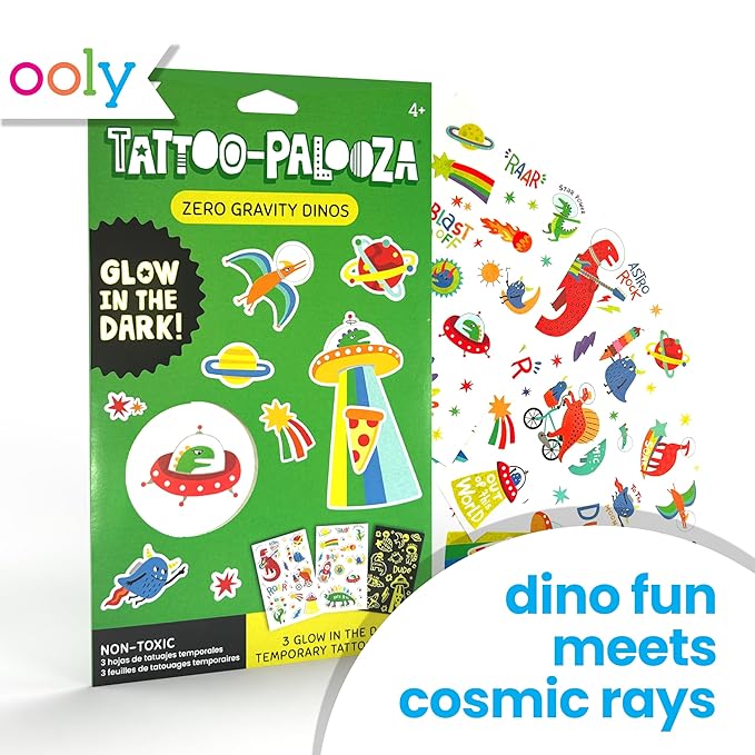Ooly 40+ Glow in the Dark Temporary Tattoos For Kids, Safe & Non-Toxic Temporary Tattoo, Party Favors Gifts for Kids - Zero Gravity Dinos