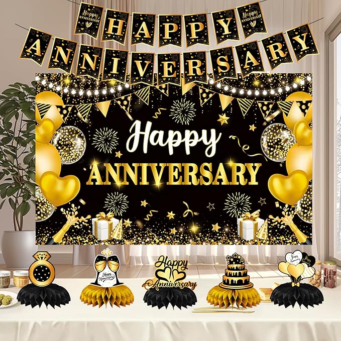 Happy Anniversary Decorations, Black and Gold Wedding Happy Anniversary Party Supplies - Happy Anniversary Banner,Backdrop 5.9 x 3.6Ft with 5pcs Honeycomb Centerpiece Decor