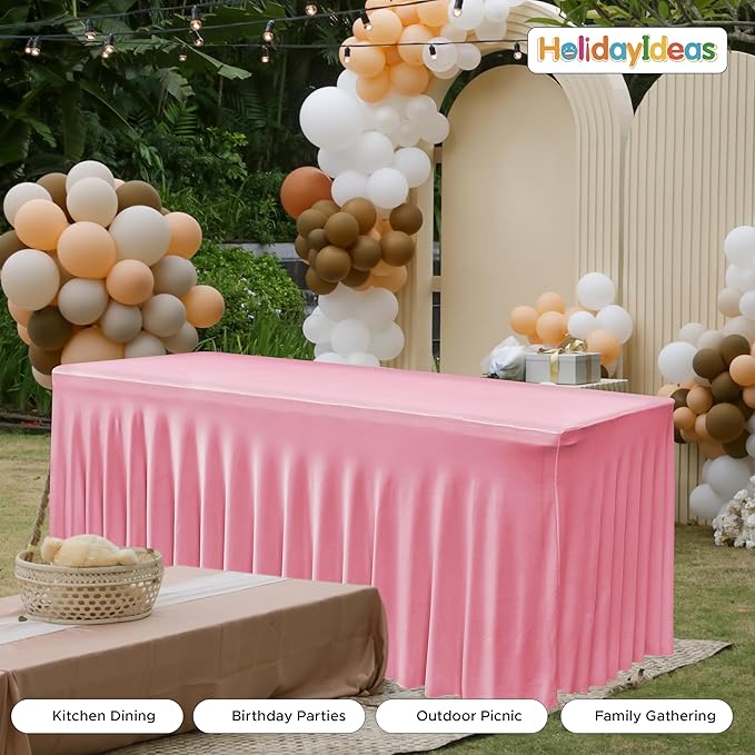 HolidayIdeas Spandex Table Skirts for Rectangle Tables 4 Ft, Fitted Stretch Table Cover 24x48 Inch, Wrinkle-Free Ruffle Design Tablecloths for Banquets,Trade Shows, Parties, Events, 4 Pack, Pink
