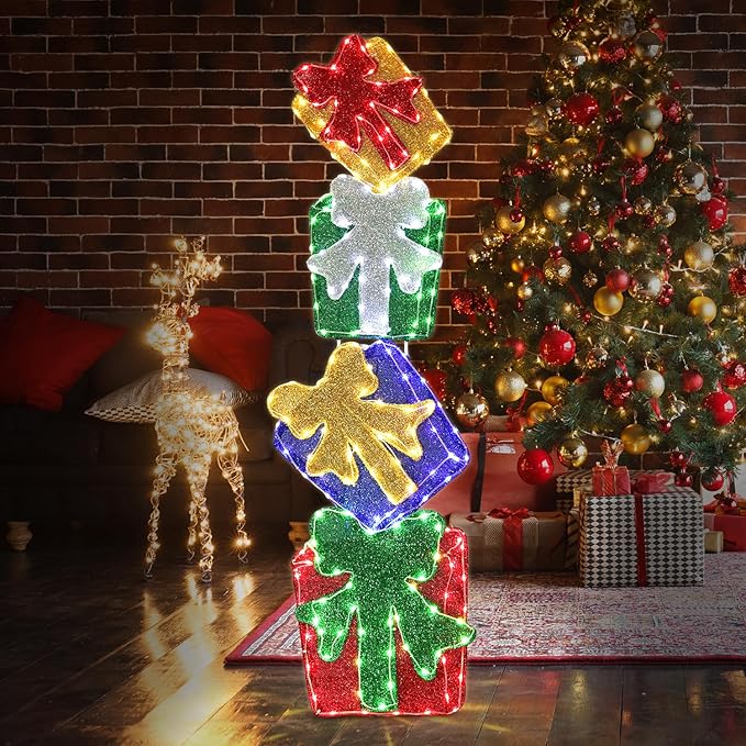 DomKom Set of 4 Flat Stacked Christmas Lighted Gift Boxes 40" Height - 2D Lighted Christmas Boxes with Built-in 200 LEDs & Bows - Indoor/Outdoor Plug-in Holiday Yard Display