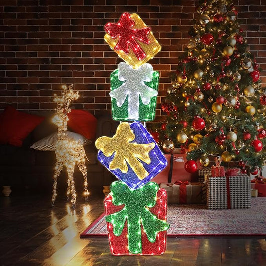 DomKom Set of 4 Flat Stacked Christmas Lighted Gift Boxes 40" Height - 2D Lighted Christmas Boxes with Built-in 200 LEDs & Bows - Indoor/Outdoor Plug-in Holiday Yard Display