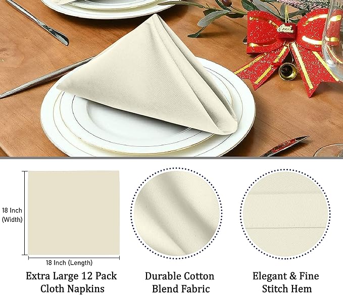 Ruvanti Cloth Napkins Set of 6, 18x18 Inches Napkins Cloth Washable, Soft, Durable, Absorbent, Cotton Blend. Table Dinner Napkins Cloth for Hotel, Lunch, Restaurant, Wedding Parties - Ivory