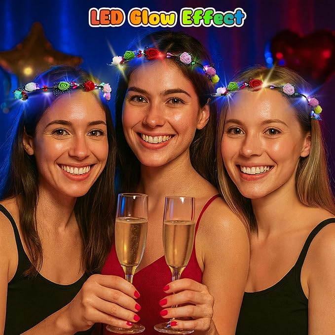 LovesTown 24PCS LED Flower Crowns Headbands Christmas Party, Light Up Flower Crowns For Women, Glow in the Dark Party Supplies for New Year Raves Birthday Wedding Favors Cosplay