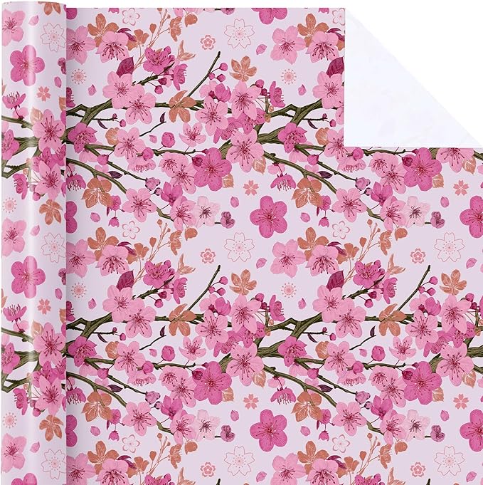 WRAPAHOLIC Floral Wrapping Paper Roll - Mini Roll - 17 Inch x 33 Feet - Sakura Blossom Wrapping Paper for Birthday, Wedding, Bridal Shower, Mother's Day, Valentine's Day