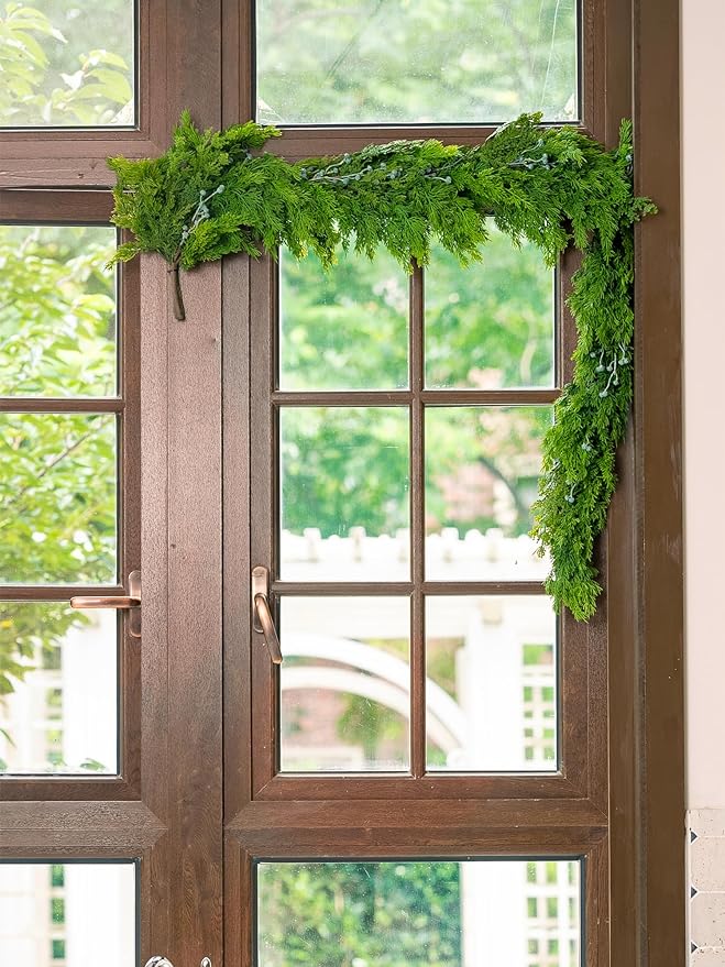 6FT Cedar Garland with Blue Berry Cypress Pine Garland Realistic for Mantle Stairs Fireplace Wall Window Front Door Indoor Outdoor Christmas Decor Xmas Decorations