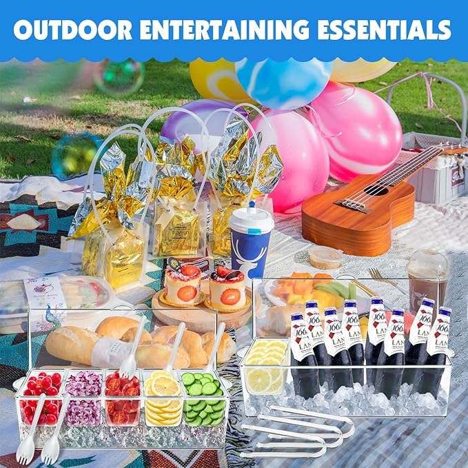 Chilled Condiment Server Tray, Bar Fruit Caddy with Lid and 5 Removable Compartments, Clear Ice Condiment Serving Tray for Party, Toppings Bar Container, Garnish