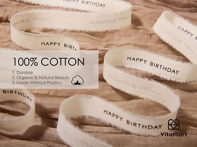 Vitalizart Happy Birthday Cotton Ribbon 5/8 Inch Cream White Natural Handmade Frayed Fringe Ribbons 15 Yd 3 Rolls for Birthday Party Event Gift Wrapping Flower Bouquet Decor