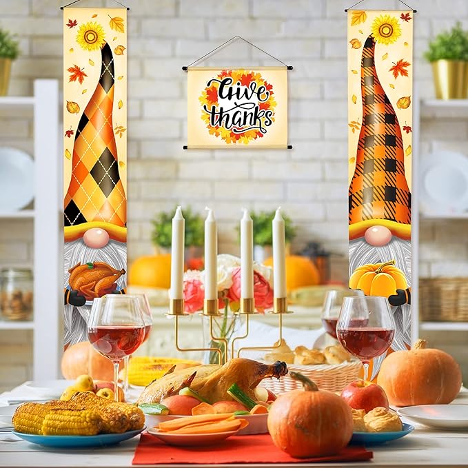 Breling 3 Pieces Fall Thanksgiving Porch Banner Sign Welcome Gnome Pumpkin Turkey Door Banner Thanksgiving Hanging Decoration 12x71 Inch for Home Front Door Harvest Outdoor Yard Party Supplies