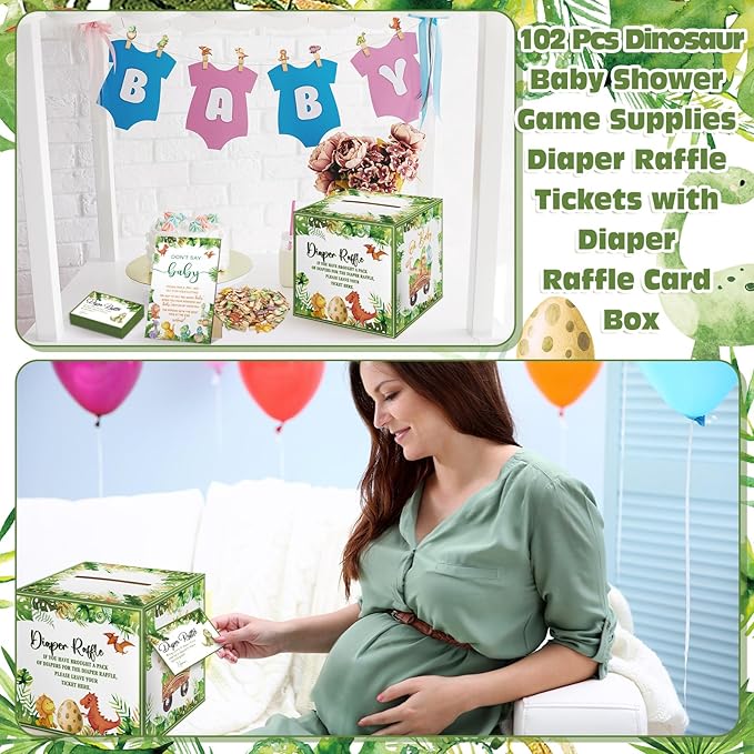 102 Pcs Baby Shower Game Supplies Diaper Raffle Tickets with Diaper Raffle Card Box Don't Say Baby Sign Mini Clothespin Baby Shower Game Decor for Baby Shower Gender Reveal(Dinosaur)