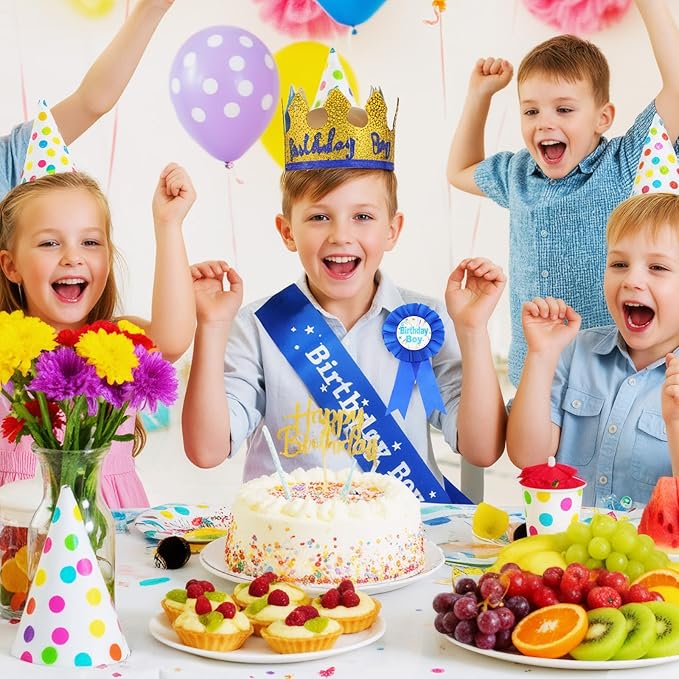 Birthday Boy Pin Sash Crown Set, Birthday Crown Costume Decorations for Boys Party Accessories (Blue)