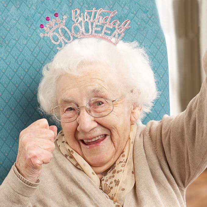 VELSCRUN 90th Birthday Queen Headband, Tiara Crown for Women, 90th Birthday Decorations for Her, Birth Queen Tiaras Crowns Sash for Women Mom Birth Party Decoration Hair Accessories Rose Gold