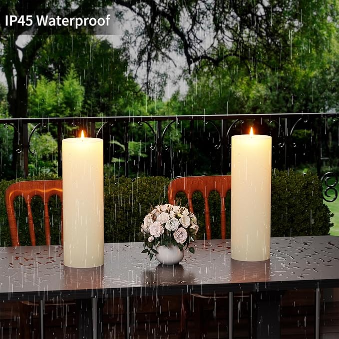 12" x 4" Large Outdoor Candles with Timer Waterproof Flickering LED Flameless Candles Battery Operated with Remote Fake Pillar Candles Realistic for Patio Porch Lanterns, Ivory 2 Pack