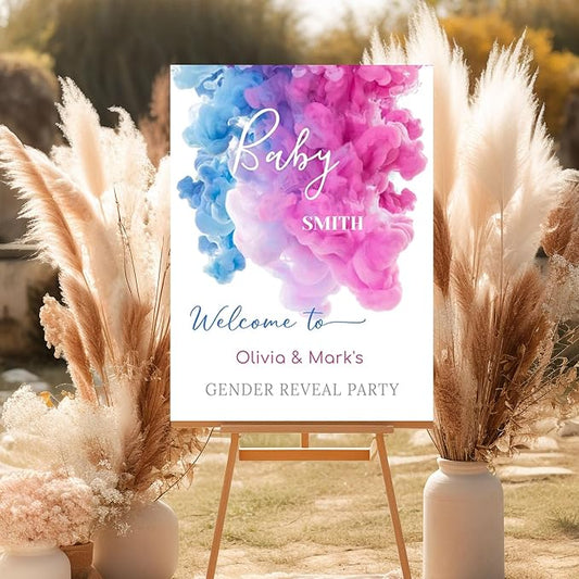 Smoke Gender Reveal Welcome Sign, Blue Pink Smoke Theme Decorations