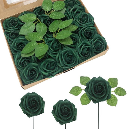 50Pcs Peacock Green Artificial Flowers Realistic Roses, Real Looking Fake Roses with Stem for DIY Wedding Bouquets Centerpieces Bridal Shower Party Home Romantic Decorations (Peacock Green, 50pcs)