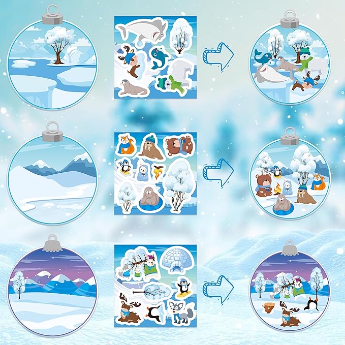 CY2SIDE 12 Set Winter Polar Animal Sticker Scene for Kids Make A Winter Scene with Polar Animals Make Your Own Snowy Bear Sticker Craft DIY Art Crafts for Kids Holiday Class
