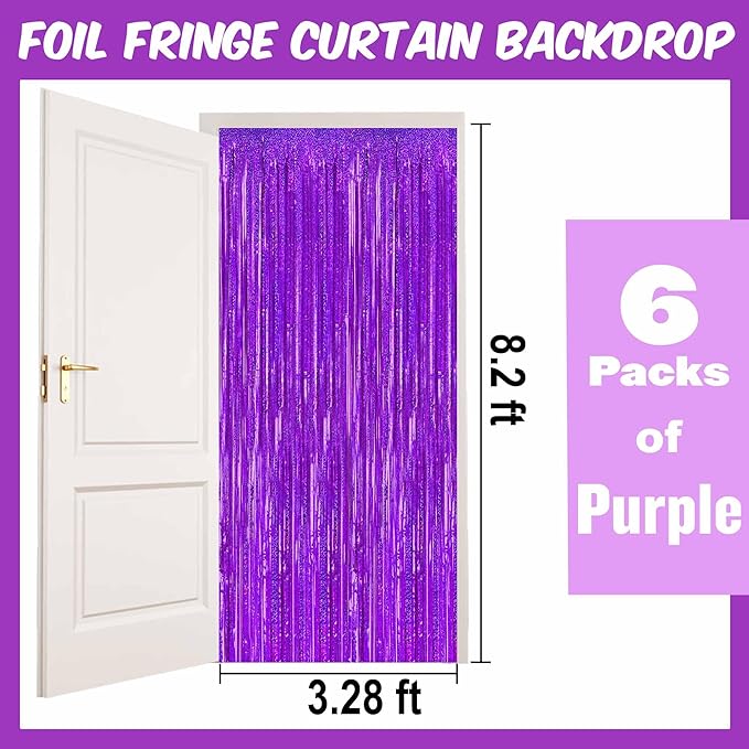 6 Pack Purple Foil Fringe Curtains Backdrop, 3.28 x 8.2 Ft Metallic Streamers Tinsel Curtains Background for Photo Booth, Birthday, Christmas, Halloween, Thanksgiving, New Year Party Decorations