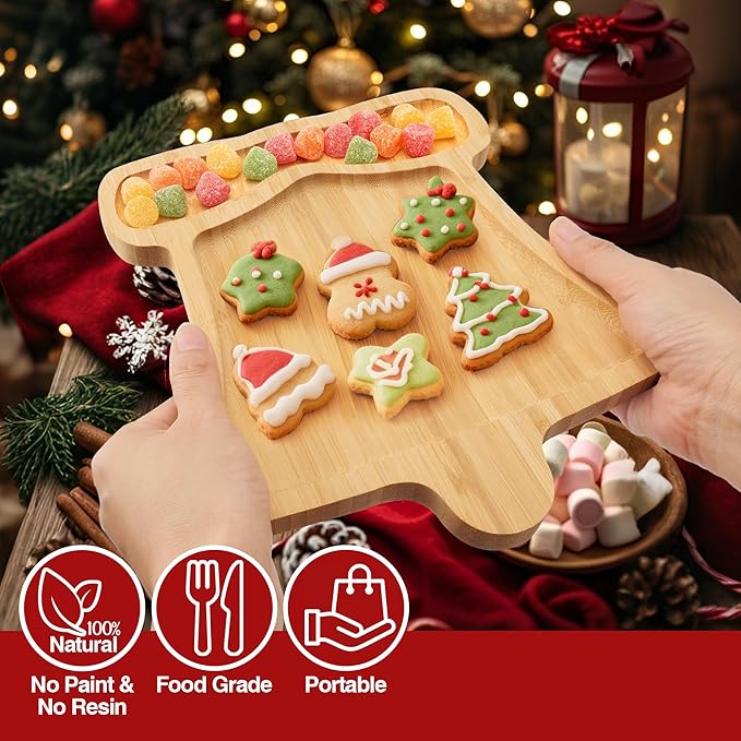 Christmas Serving Tray, Bell Shape Charcuterie Board, Bamboo Serving Platter Dish for Holiday Party Food Tray for Cheese Snack Fruit 10 x 8.7 x 0.6 Inches