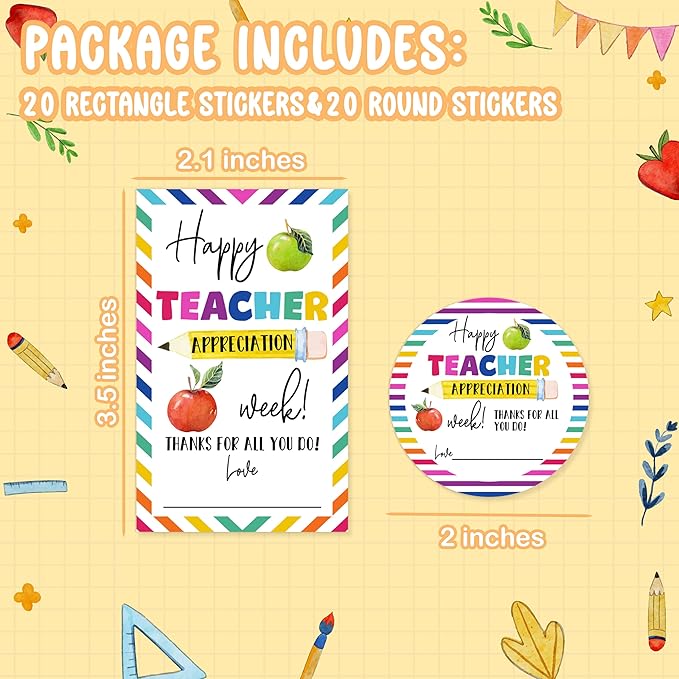 Teacher Appreciation Gift Tags, 40 Pcs Thank You Tags, Colorful Stickers for Presents Wrapping Envelope Seals Lables Boxes Cards Party Favor Decorations A08
