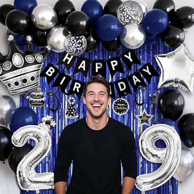 29th Birthday Decorations for Men and Women, Black Blue Silver Happy Birthday Number 29 Balloons, Banner, Fringe Curtains Garland Kit - 29 Year Old Party Supplies