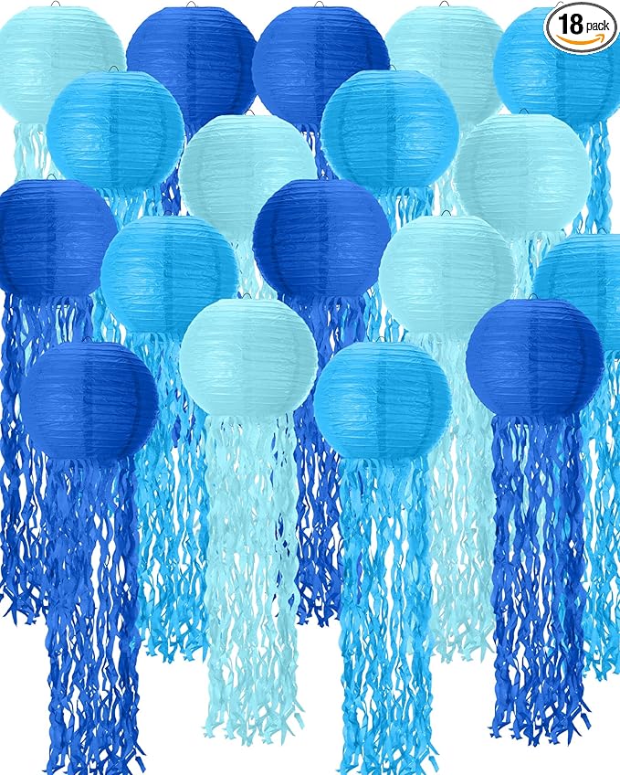 18 Pcs Jellyfish Paper Lanterns Jellyfish Lantern Hanging Decoration Ocean Theme Party Supplies Mermaid Birthday Decorations for Baby Shower Under The Sea Birthday Party Supplies(Blue)