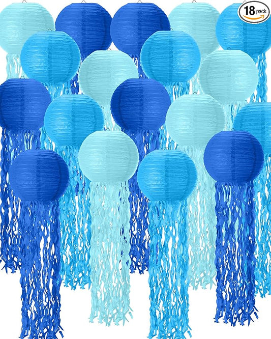 18 Pcs Jellyfish Paper Lanterns Jellyfish Lantern Hanging Decoration Ocean Theme Party Supplies Mermaid Birthday Decorations for Baby Shower Under The Sea Birthday Party Supplies(Blue)