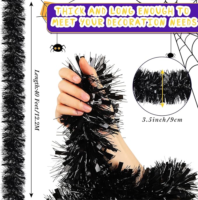 Dilunave 40 Feet Christmas Tinsel Garland Metallic Foil Twist Tinsel Garland Decoration for Christmas Tree, Wedding, Birthday and Party Hanging Decorations(Black)