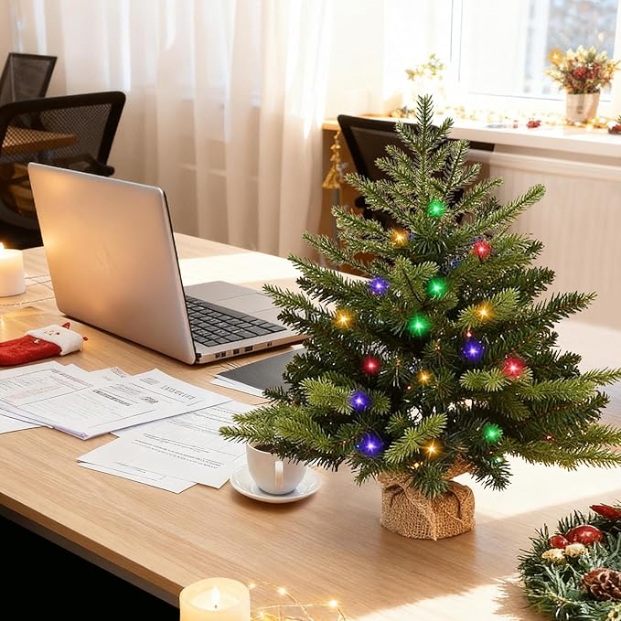 Joyhalo 2ft Small Christmas Tree with Lights Multicolor and Warm White, Pre Lit Table Top Christmas Tree with Remote, 107 Branches Mini Xmas Tree for Room Office Classroom Decoration